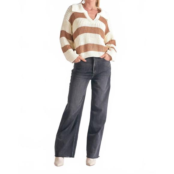 NEW ELAN striped v-neck collared sweater in camel - Picture 4 of 4